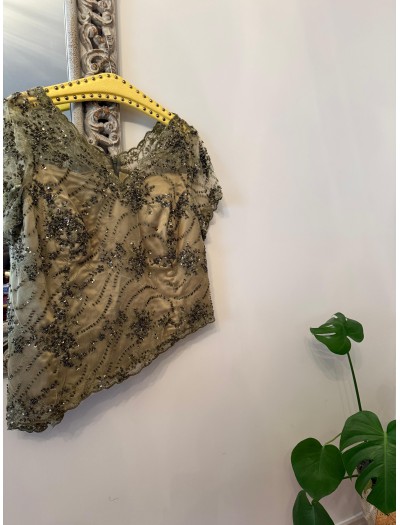 Vintage Yeşil Dantel Asimetrik Bluz