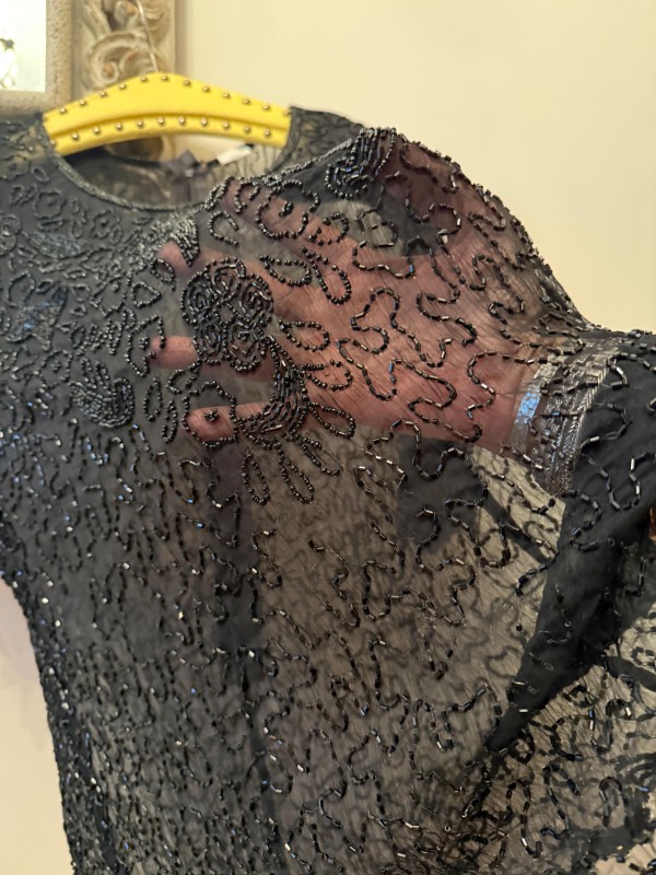 Vintage Tül Full Boncuk İşleme Bluz 