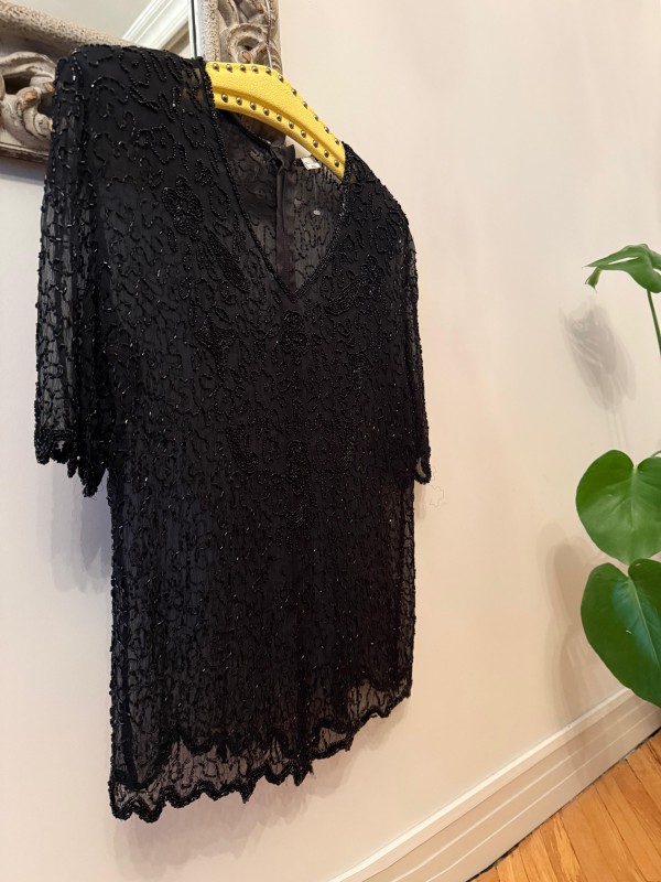 Vintage Tül Full Boncuk İşleme Bluz 