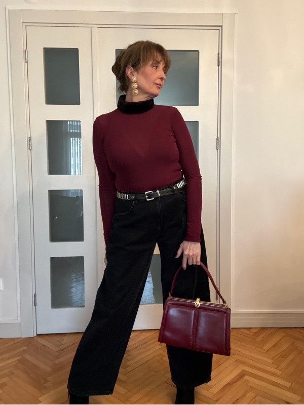 Vintage Bordo Peluş Yakalı Bluz