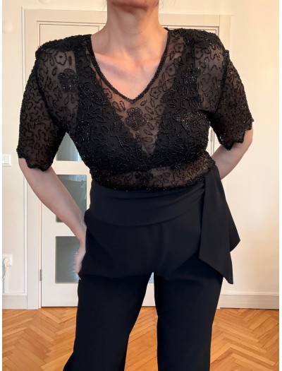 Vintage Tül Full Boncuk İşleme Bluz 