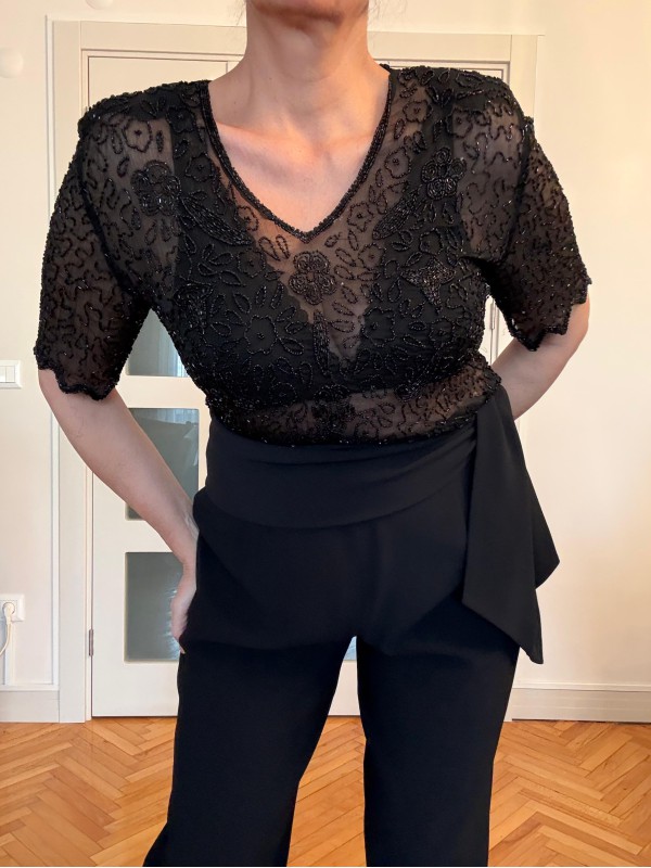 Vintage Tül Full Boncuk İşleme Bluz 