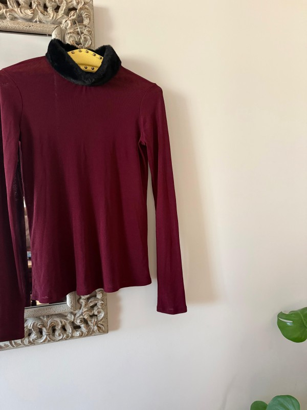 Vintage Bordo Peluş Yakalı Bluz