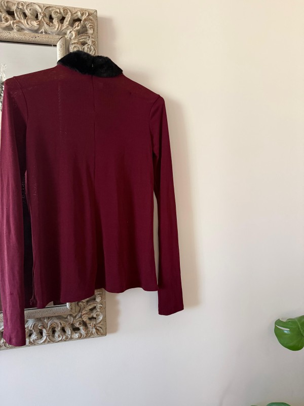 Vintage Bordo Peluş Yakalı Bluz