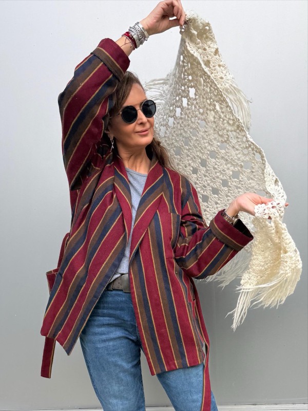 Vintage Made in Italy   Yün Bordo Çizgili Ceket/Kimono 