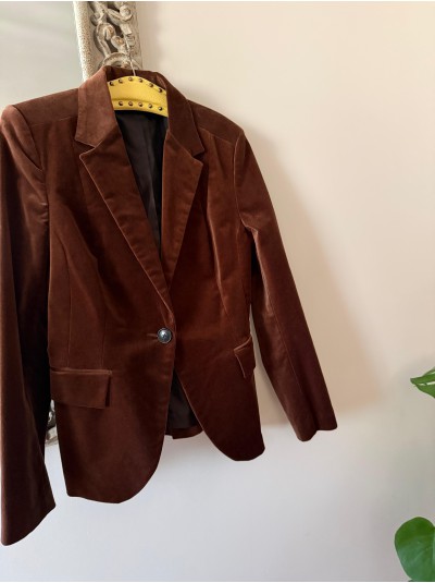 Vintage Kahverengi Kadife Tek Düğmeli Blazer