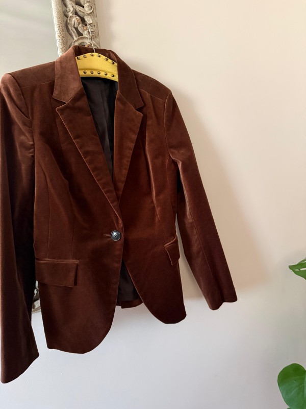 Vintage Kahverengi Kadife Tek Düğmeli Blazer
