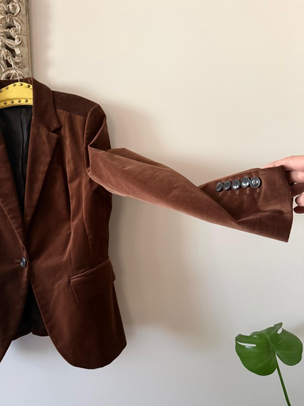 Vintage Kahverengi Kadife Tek Düğmeli Blazer