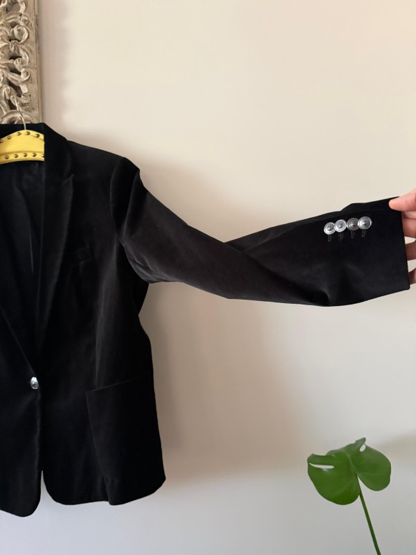 Vintage Siyah Kadife Tek Düğmeli  Blazer 