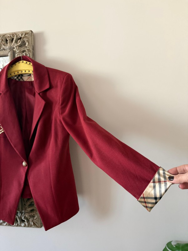Vintage Bordo Ekose Detaylı Blazer 