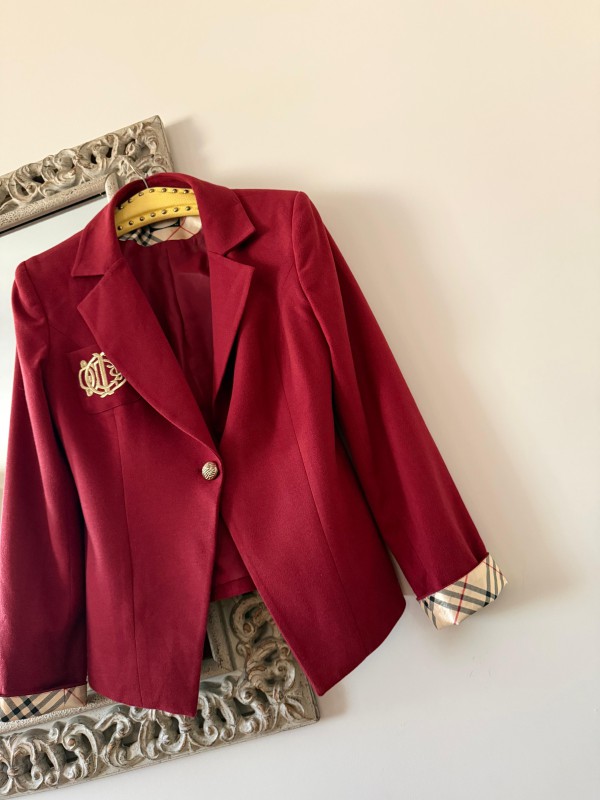 Vintage Bordo Ekose Detaylı Blazer 