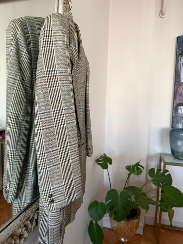 Vintage Kruvaze Gold Düğmeli Ekose Blazer