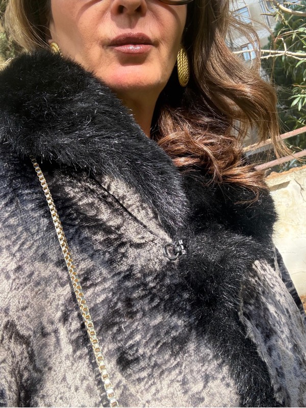 Vintage Kadife Suni Peluş  Yakalı Kaban 