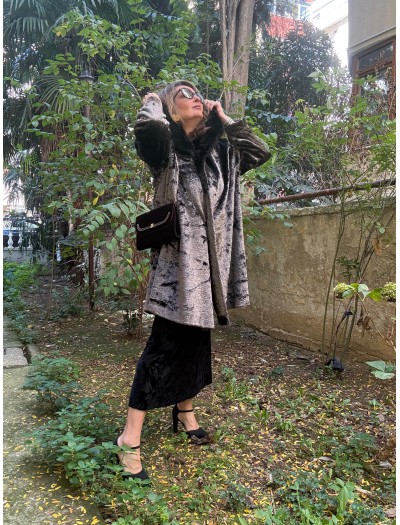 Vintage Kadife Suni Peluş  Yakalı Kaban 