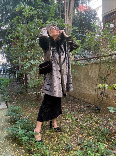 Vintage Kadife Suni Peluş  Yakalı Kaban 