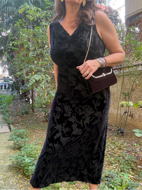 Vintage Polin Siyah Devore Kadife Elbise