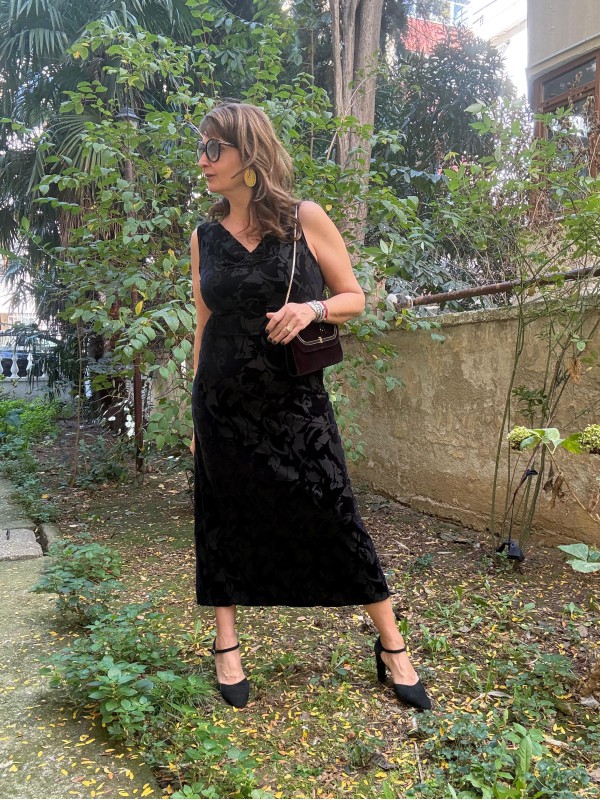 Vintage Polin Siyah Devore Kadife Elbise