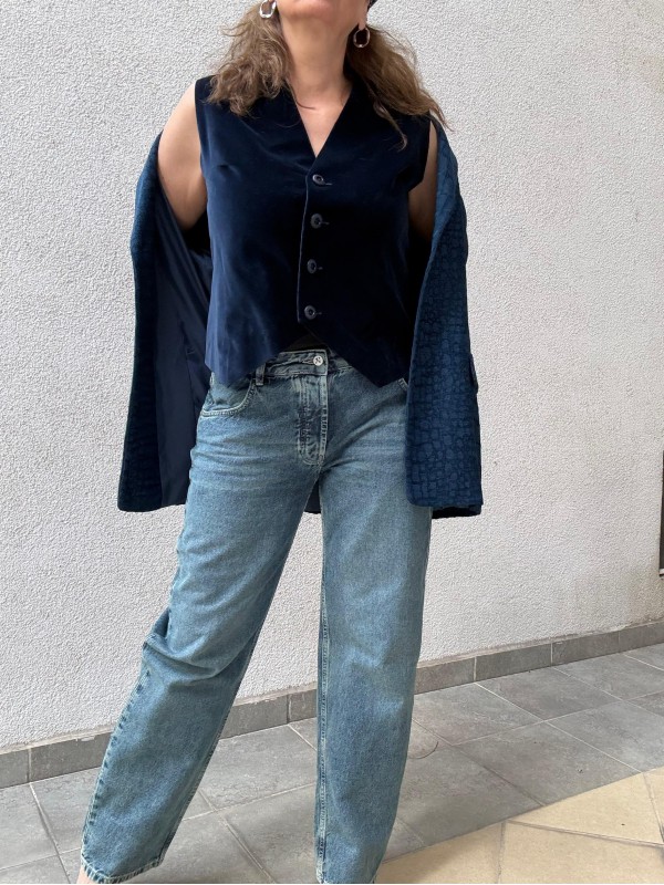 Vintage Lacivert Kadife Yelek 