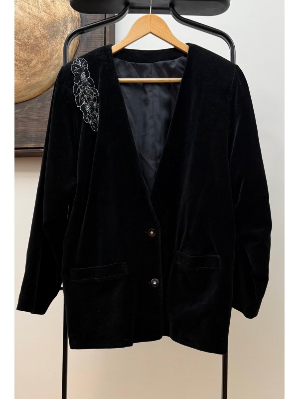 Vintage Siyah Kadife Tül Detaylı Ceket 