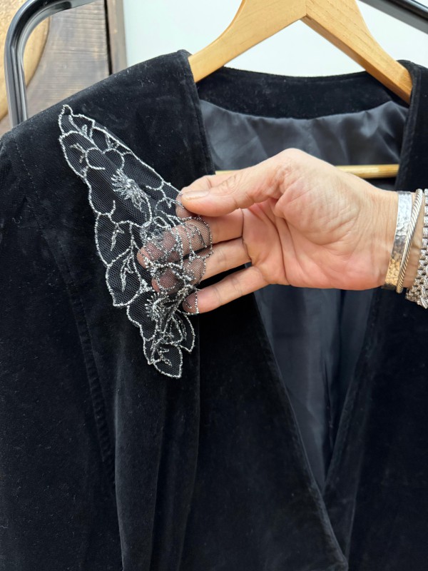 Vintage Siyah Kadife Tül Detaylı Ceket 