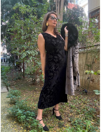 Vintage Polin Siyah Devore Kadife Elbise