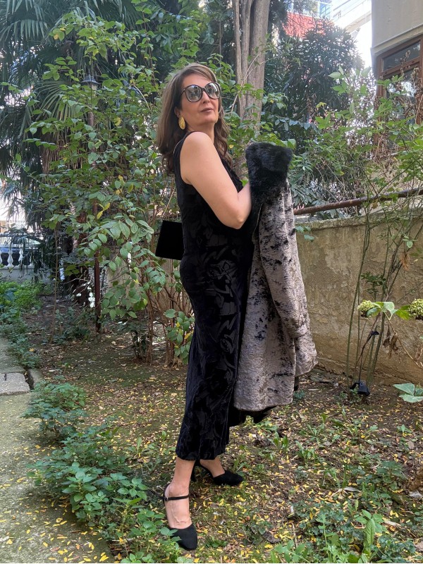 Vintage Polin Siyah Devore Kadife Elbise