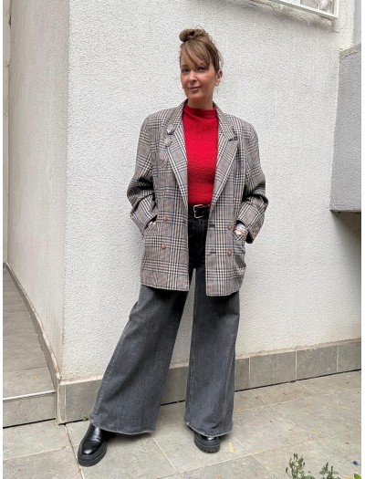 Vintage Lacivert-Kırmızı Ekose Yün Blazer 