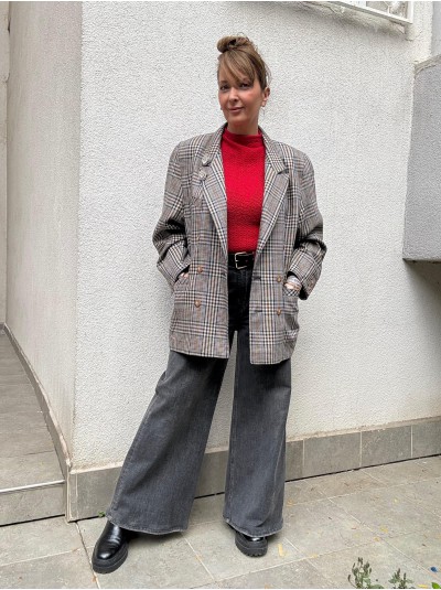 Vintage Lacivert-Kırmızı Ekose Yün Blazer 