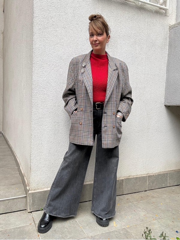 Vintage Lacivert-Kırmızı Ekose Yün Blazer 