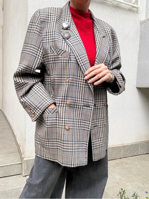 Vintage Lacivert-Kırmızı Ekose Yün Blazer 