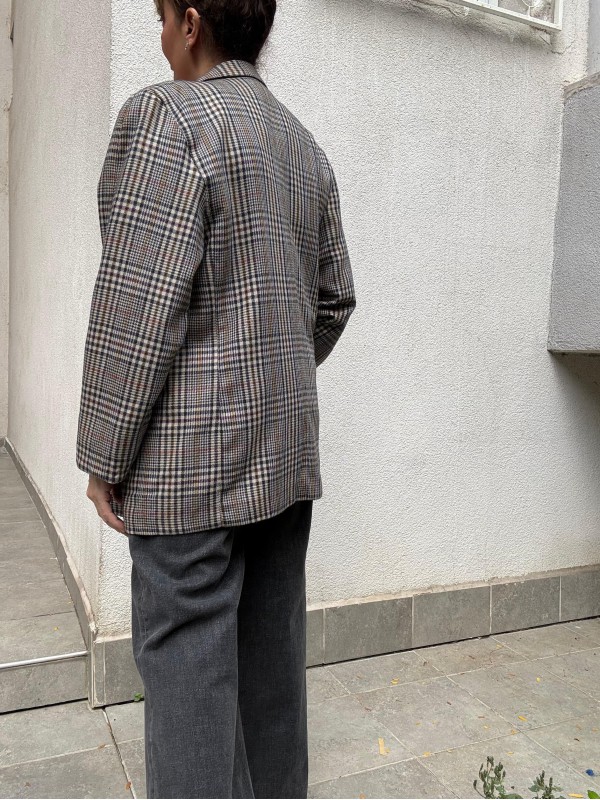 Vintage Lacivert-Kırmızı Ekose Yün Blazer 