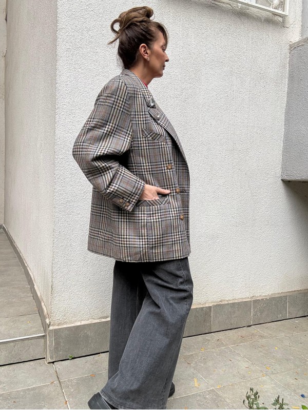 Vintage Lacivert-Kırmızı Ekose Yün Blazer 