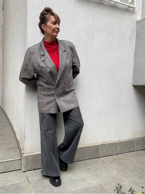 Vintage Lacivert-Kırmızı Ekose Yün Blazer 