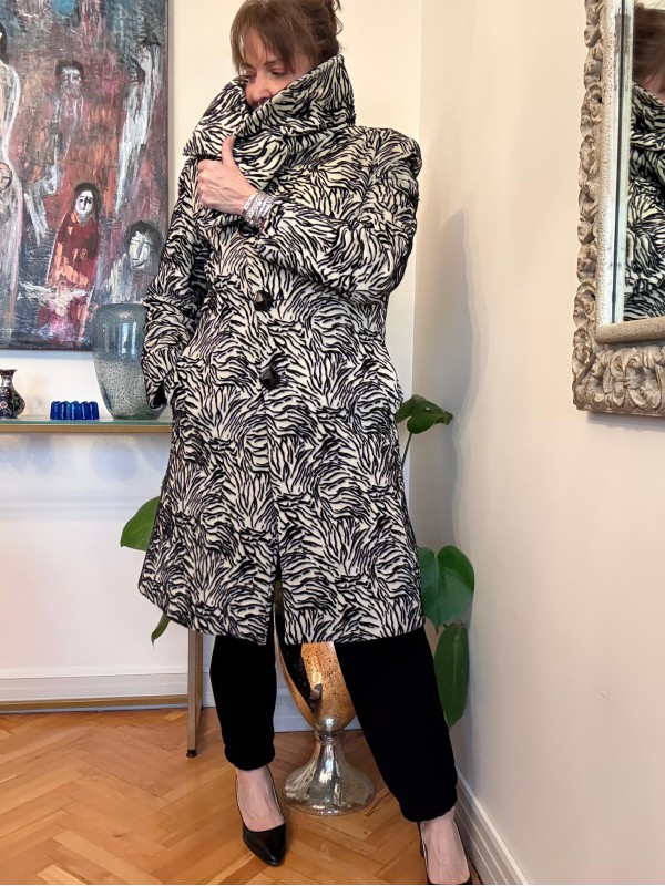 Vintage Zebra Desen Kadife Kaban