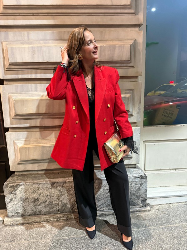 Vintage Kırmızı  Gold Düğmeli Boyfriend Blazer