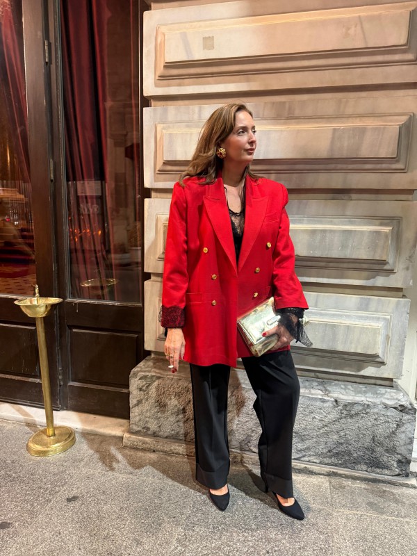 Vintage Kırmızı  Gold Düğmeli Boyfriend Blazer