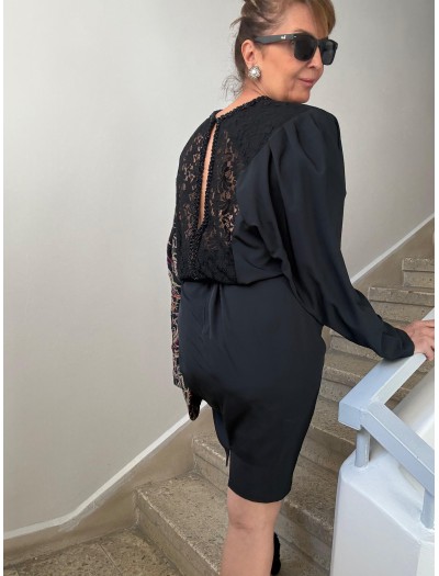 Vintage Siyah Sırt Dekolteli Saten Elbise