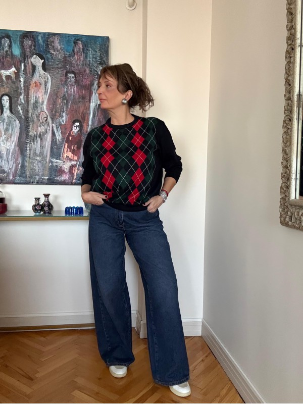 Vintage Yün Baklava Desen Shetland Kazak