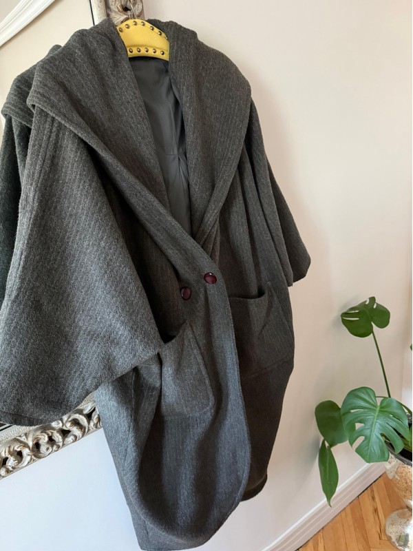 Vintage Haki Çizgili  Yün Kapüşonlu Kaban 