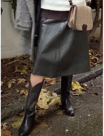 Vintage Haki Deri Çan Etek 