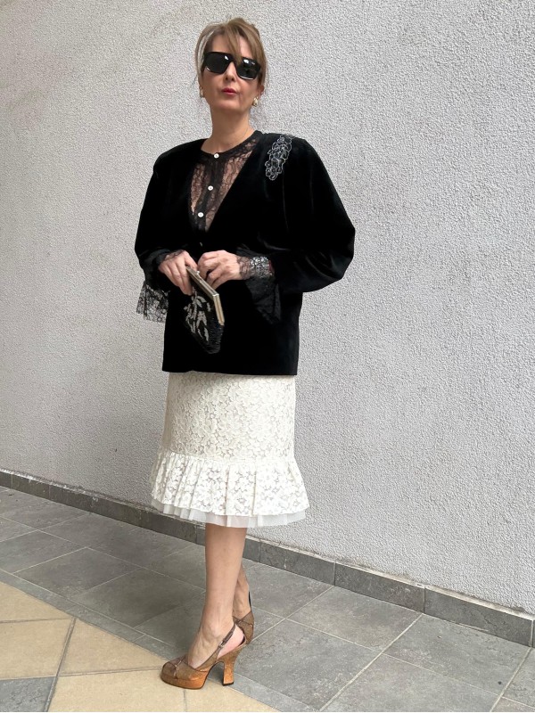 Vintage Siyah Kadife Tül Detaylı Ceket 