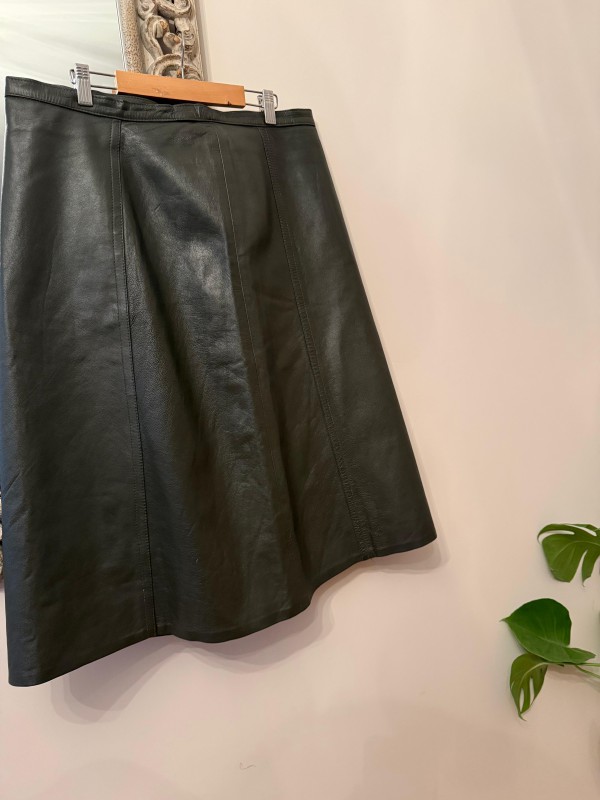 Vintage Haki Deri Çan Etek 