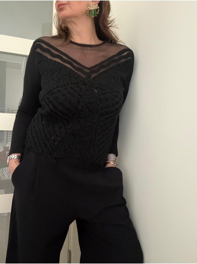 Vintage Siyah Yakası Tül Kazak