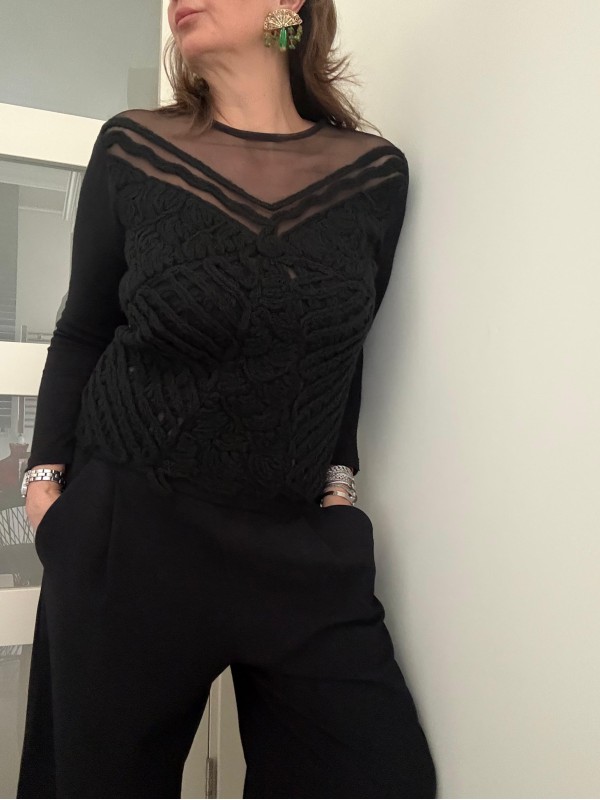 Vintage Siyah Yakası Tül Kazak