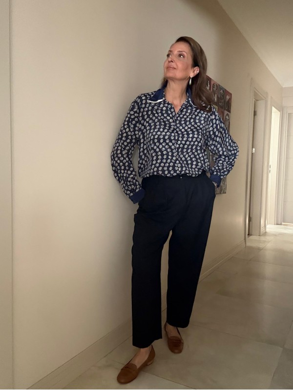 Vintage Çift Yakalı Lacivert-Beyaz Gömlek 