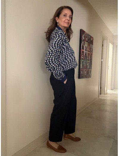 Vintage Çift Yakalı Lacivert-Beyaz Gömlek 