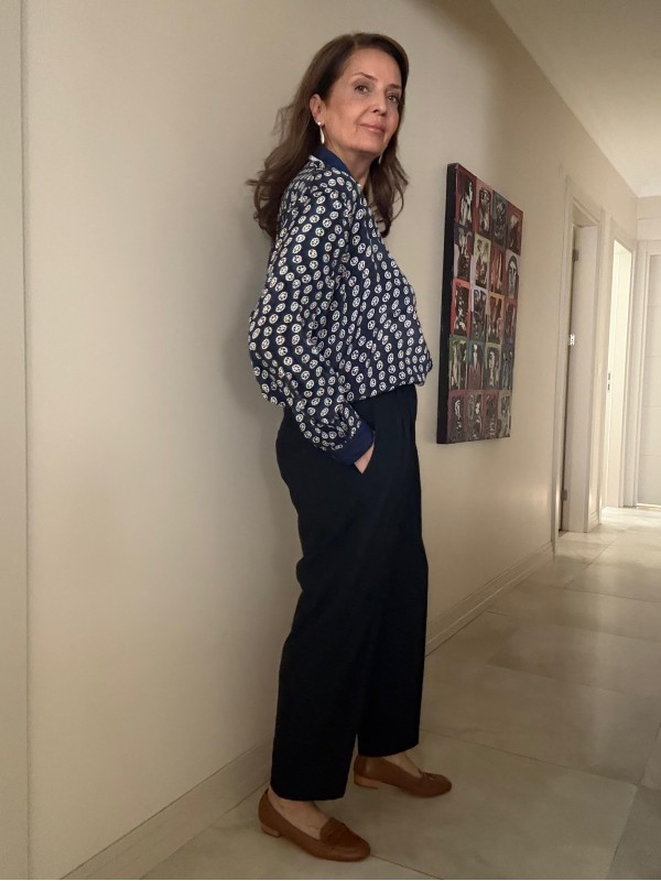 Vintage Çift Yakalı Lacivert-Beyaz Gömlek 