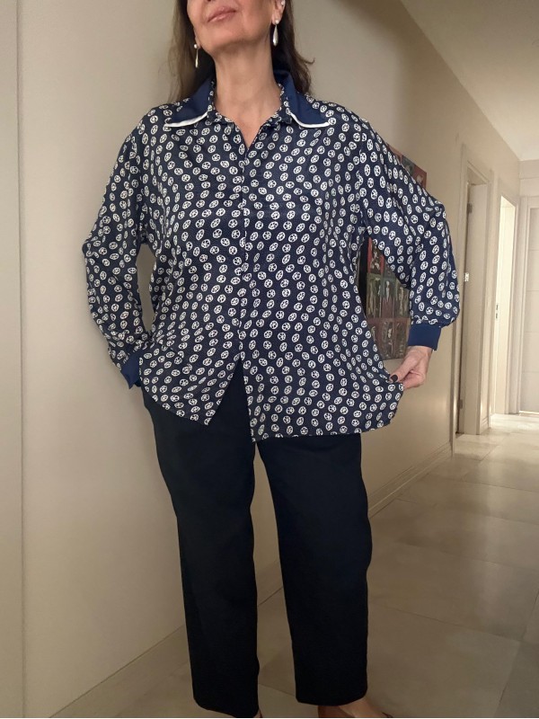 Vintage Çift Yakalı Lacivert-Beyaz Gömlek 