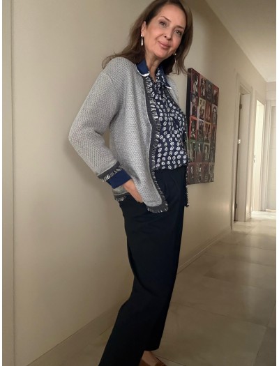 Vintage Gri Süet Biyeli Püsküllü Hırka 