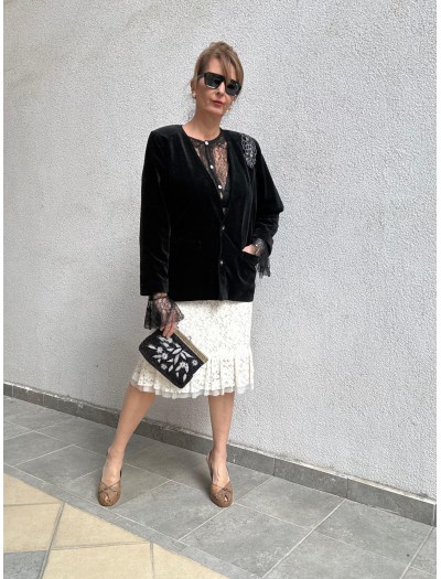 Vintage Siyah Kadife Tül Detaylı Ceket 